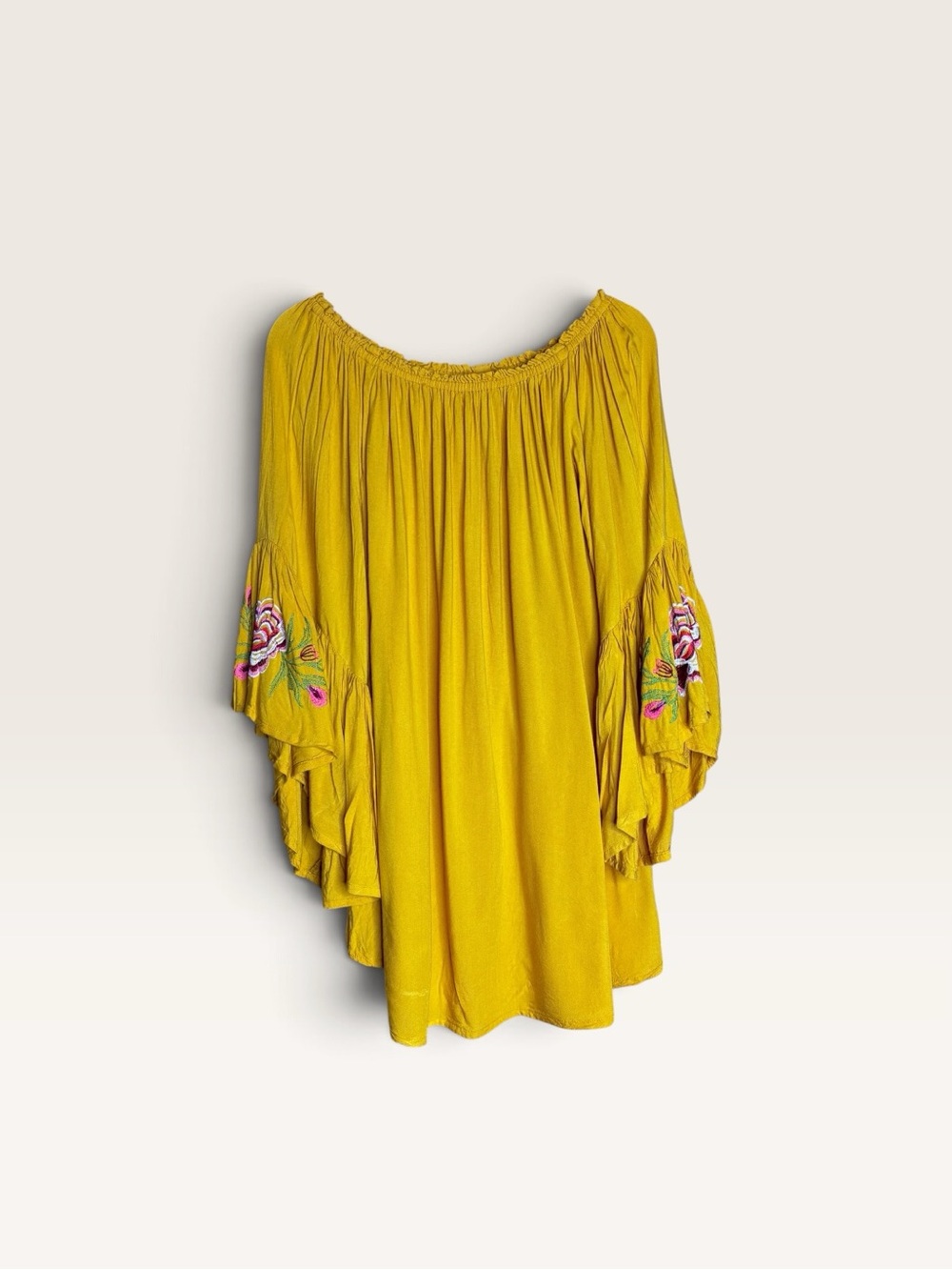 Feathers XL Mustard Embroidered Bell Sleeve Boho Off Shoulder Tunic